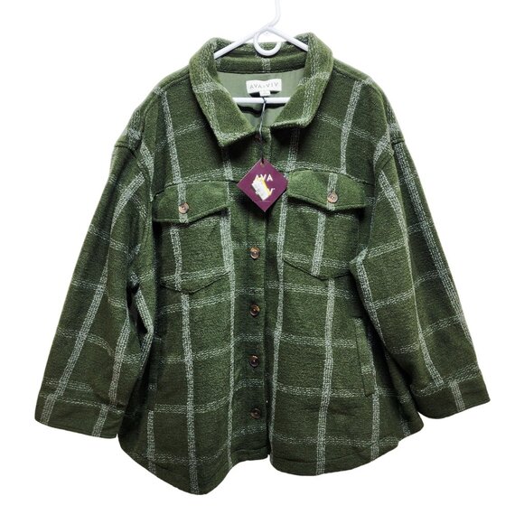 Ava & Viv Womens Green Plaid Button-Down Shacket jacket Size 4X - Picture 1 of 7